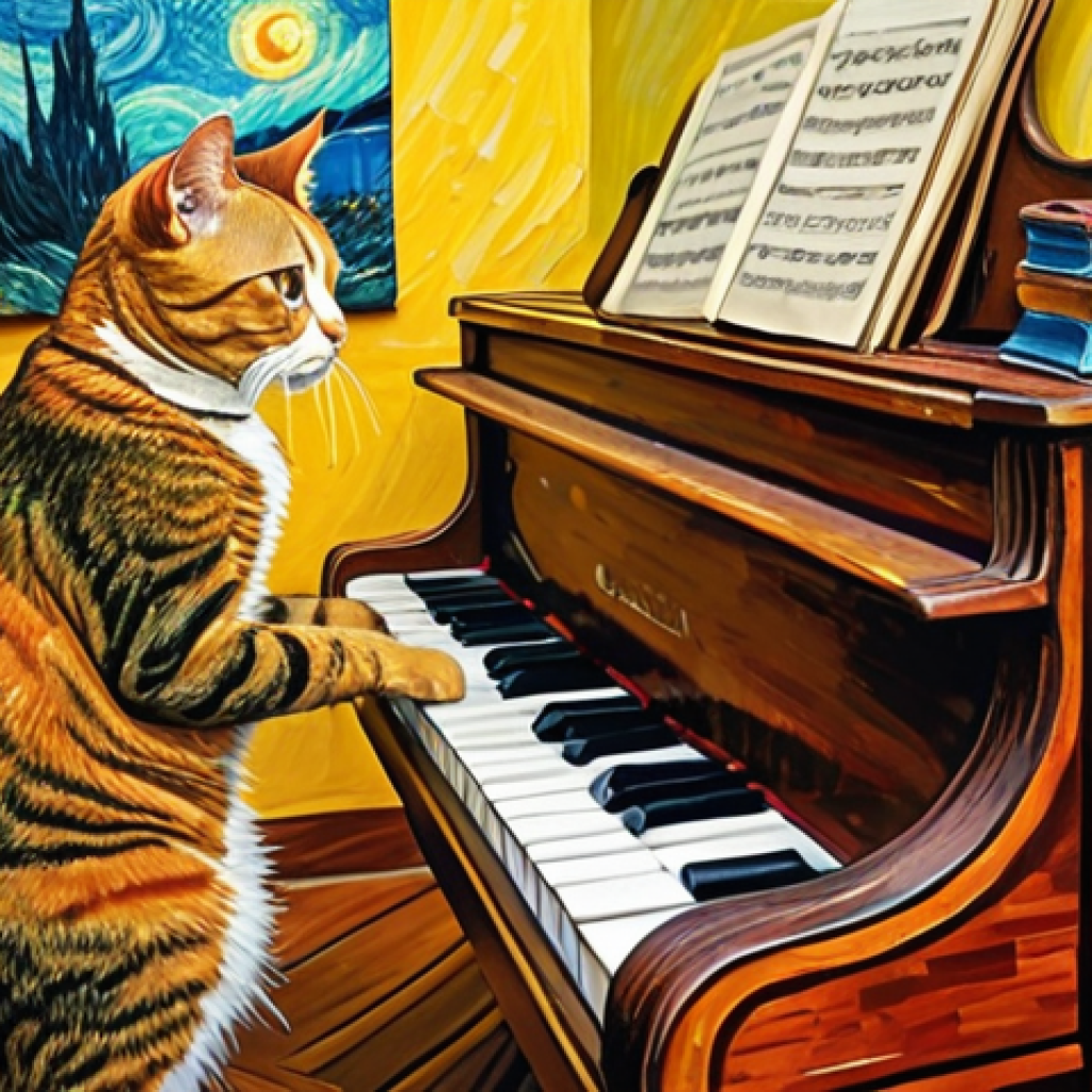 **Prompt:** Van Gogh style painting of a cat playing piano, impressionistic, vibrant colors, detailed brushstrokes.