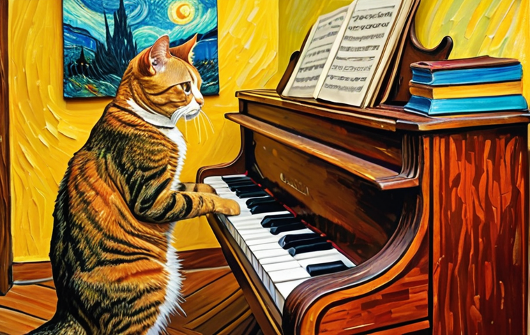 **Prompt:** Van Gogh style painting of a cat playing piano, impressionistic, vibrant colors, detailed brushstrokes.