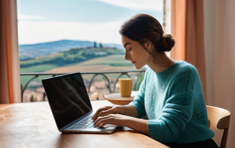 AI와 협업하는 창작 공간의 중요성 - **"A vibrant, sunlit modern Italian home office. A female Italian blogger, in her late 20s to early ...