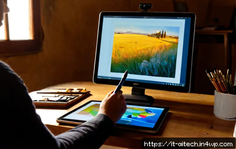 Home 12 생성형 AI의 예술 창작에서의 응용 - Photorealistic Italian digital artist in a sunlit Florence studio, seated at a wooden desk using a p...