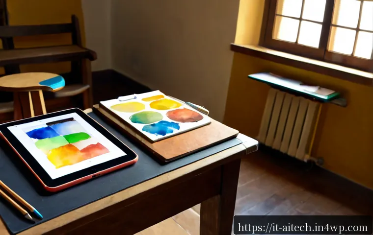AI 기술을 활용한 예술 교육 방법 - Photorealistic Italian art classroom in Florence, an adult student using a sleek tablet with abstrac...